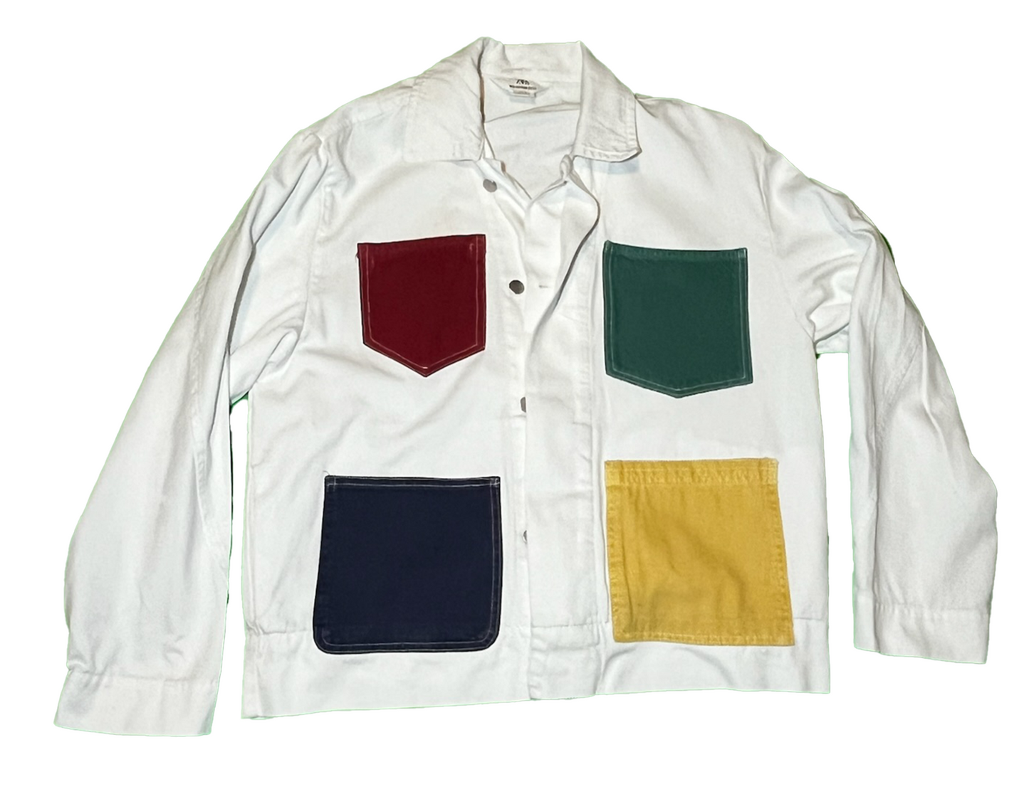 Custom White Cotton Jacket with Colored Pockets and back Patchwork Size Large
