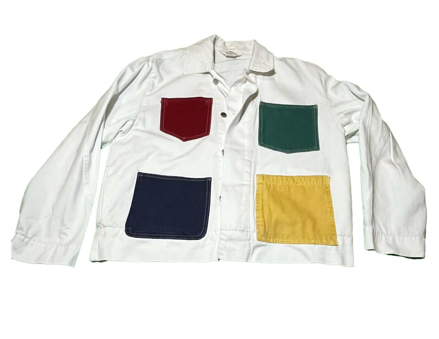 Custom White Cotton Jacket with Colored Pockets and back Patchwork Size Large