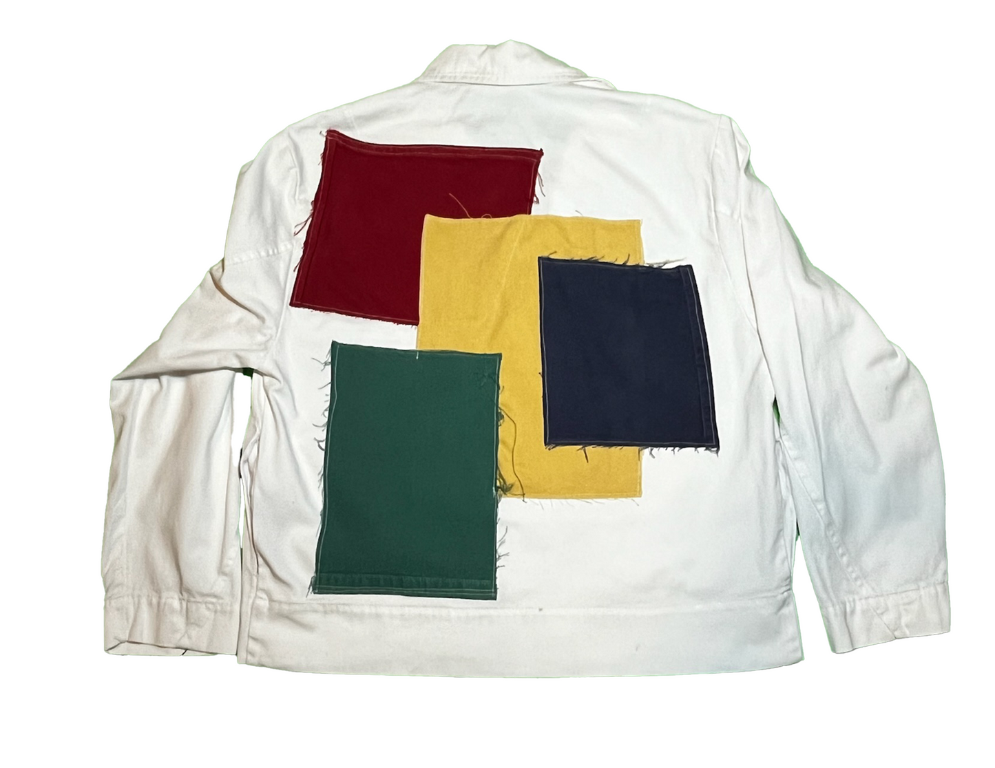 Custom White Cotton Jacket with Colored Pockets and back Patchwork Size Large