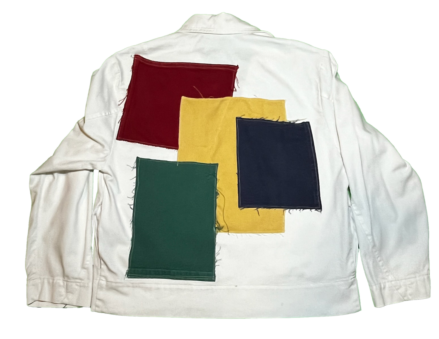 Custom White Cotton Jacket with Colored Pockets and back Patchwork Size Large