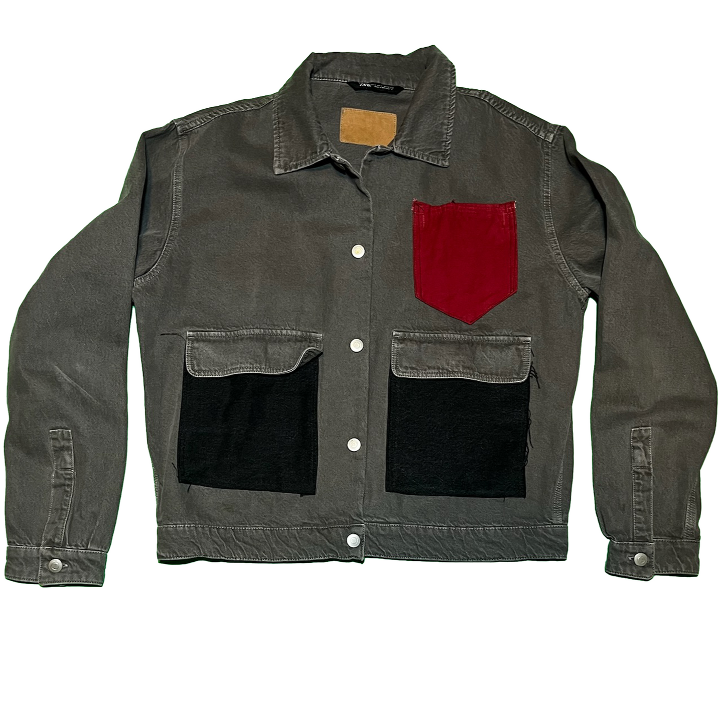 Cropped Gray Denim Jacket - Red & Black Denim Patchwork