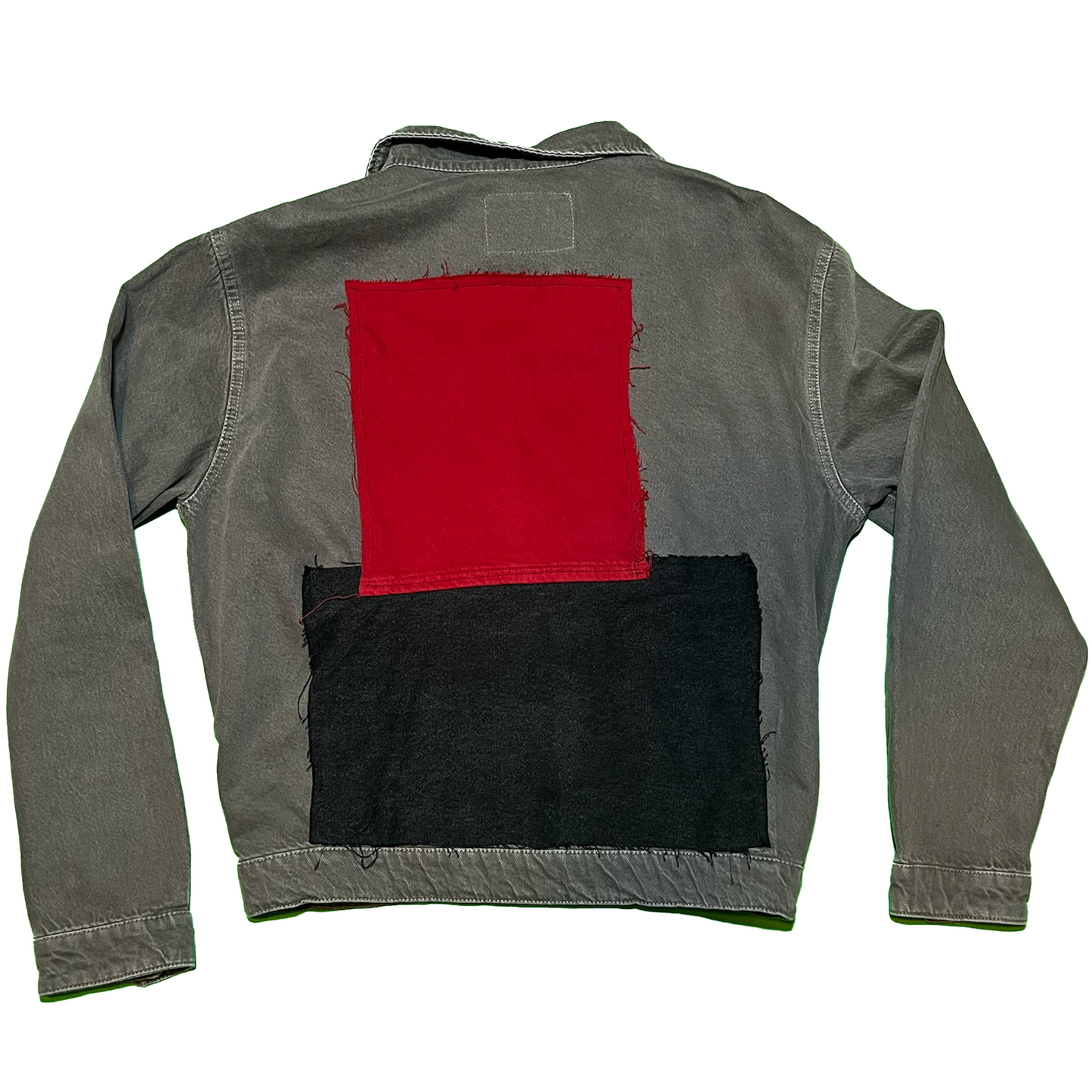 Cropped Gray Denim Jacket - Red & Black Denim Patchwork