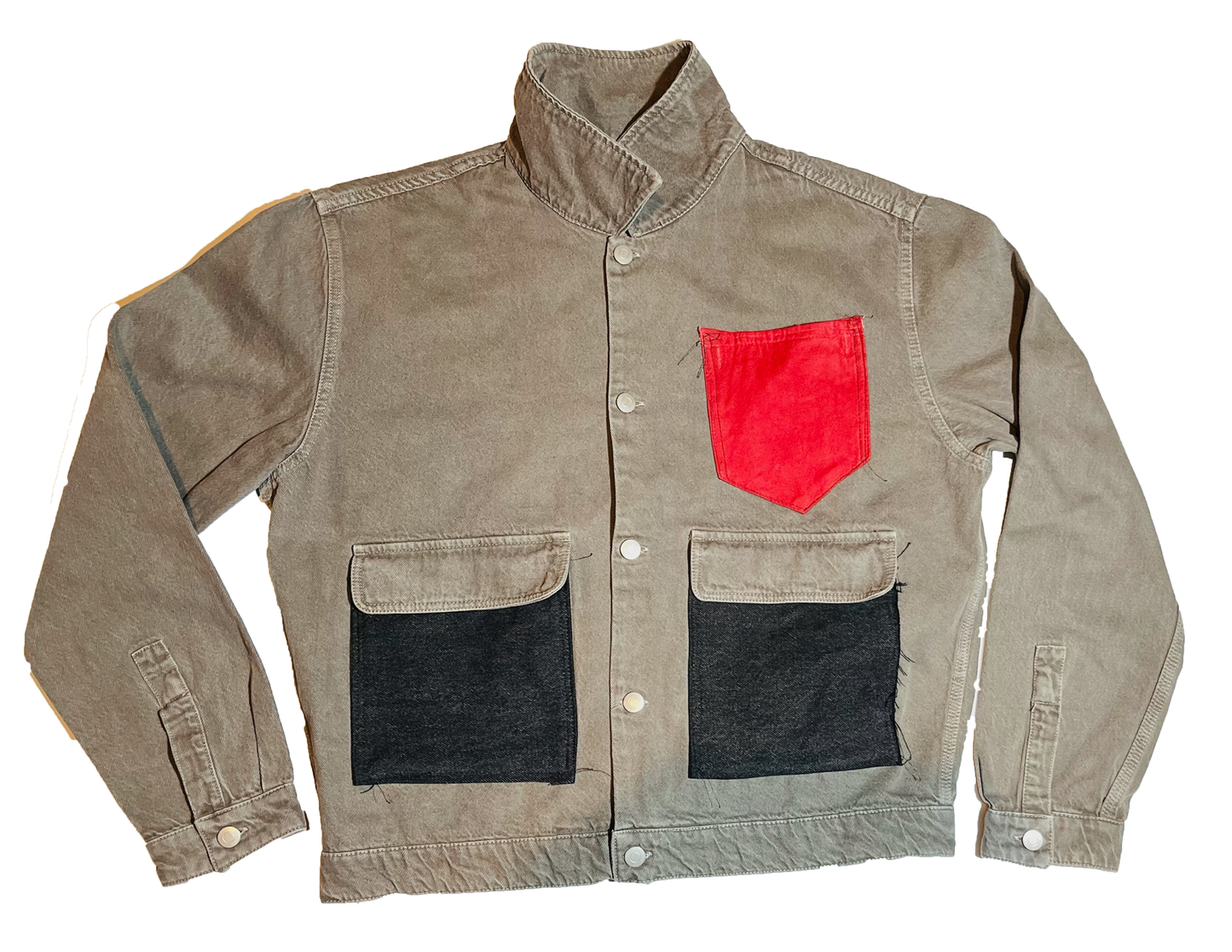 Cropped Gray Denim Jacket - Red & Black Denim Patchwork