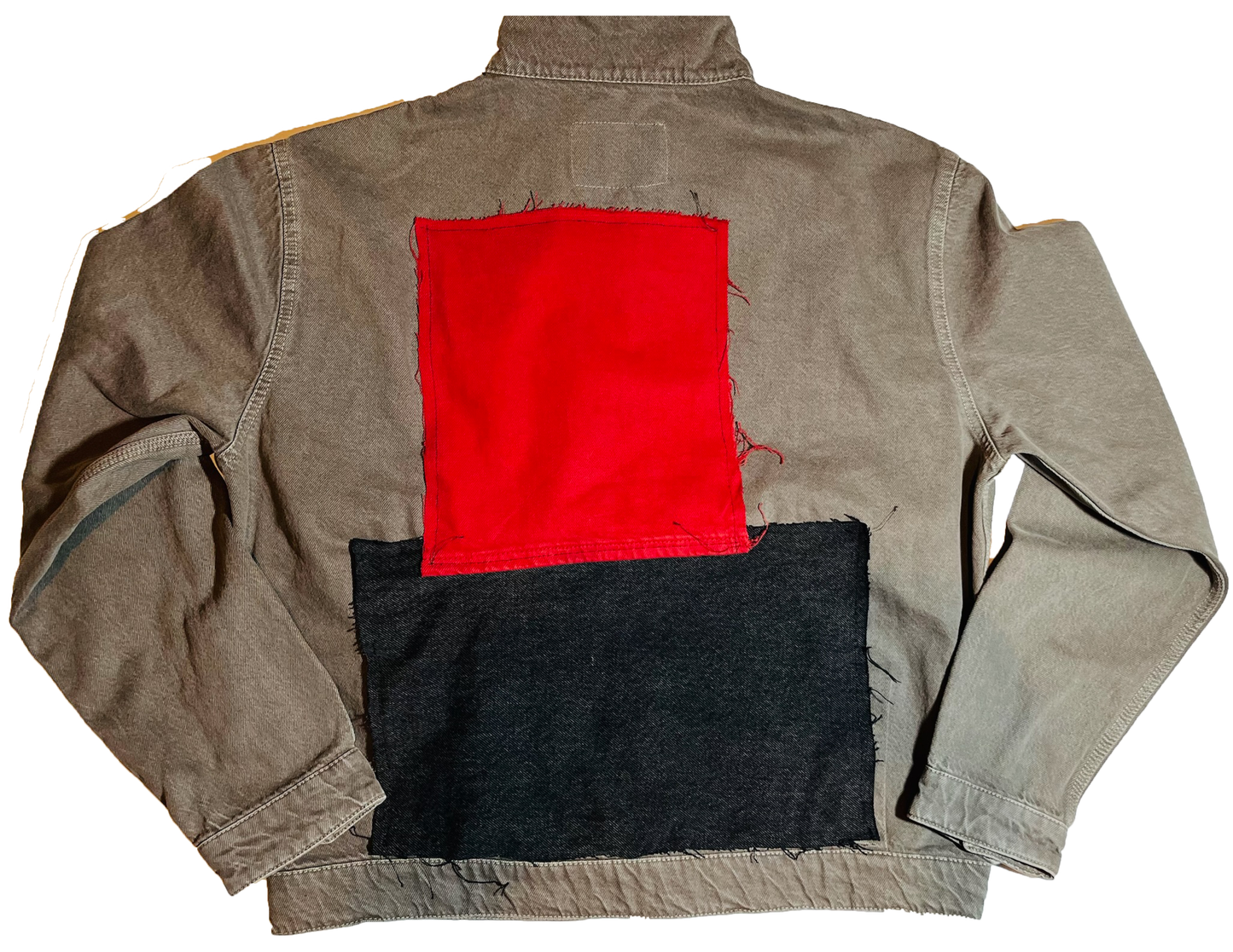 Cropped Gray Denim Jacket - Red & Black Denim Patchwork