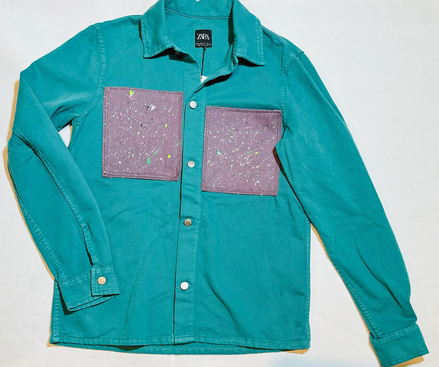 Reptar Green Denim Shirt w/ Purple Denim Painted Pockets