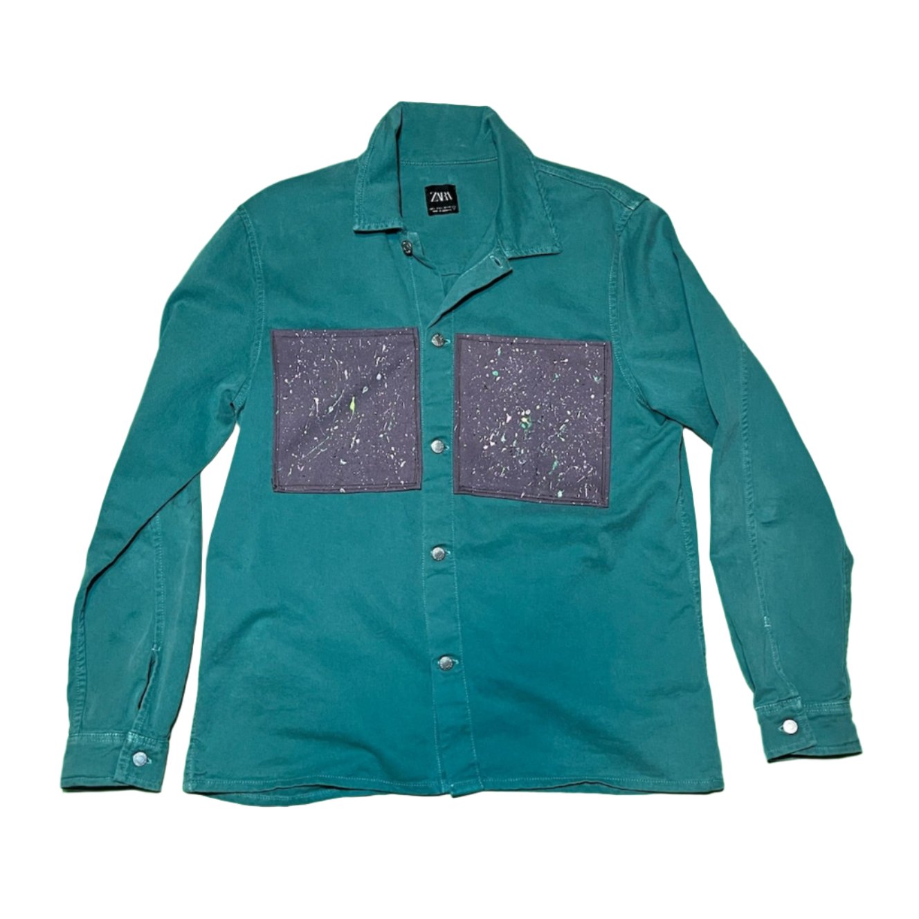 Reptar Green Denim Shirt w/ Purple Denim Painted Pockets