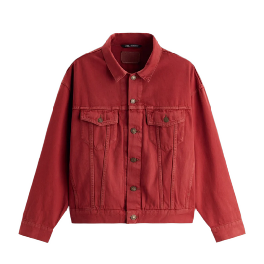 Zara Relaxed Cropped Denim Jacket - Red